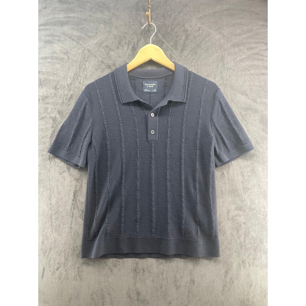 Abercrombie & Fitch Mens XS Navy Blue Merino Wool Blend Cable Knit Sweater Polo